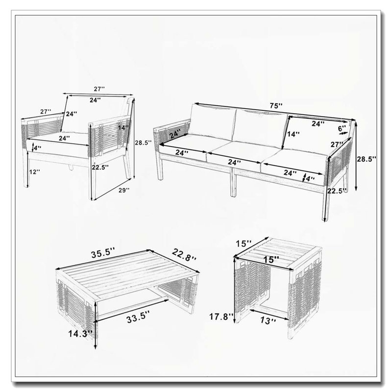 Ensemble de canapé de patio 5 pièces en bois d'acacia