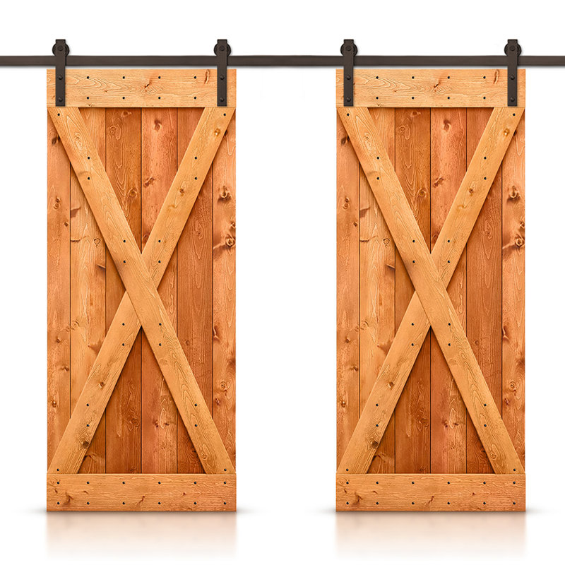 Porte de grange en bois massif lambrissé et métal, 96 po x 84 po, Noyer rouge