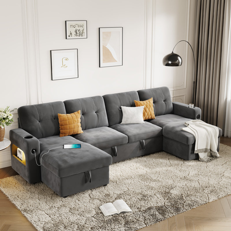 Canapé-lit modulaire moderne en forme de U avec canapé-lit et canapé-lit modulaire convertible en U, Flanelle, Gris