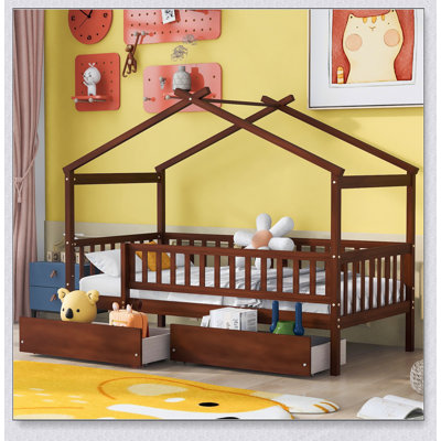 Imaginative Wooden House Bed with Two Drawers, Sturdy Pine Wood Frame for Kids' Bedrooms and Playrooms