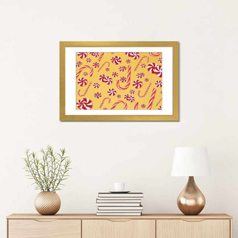 Motif de canne de bonbon - reproduction d'art mural - papier d'art encadré, H 16 po x l 24 po, Doré
