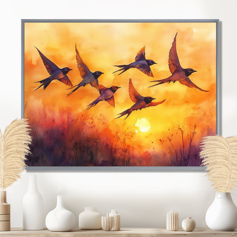 Swallows Birds At Sunset III - oiseau, art mural, H 24 po x l 32 po, Cadre flottant, Argent argent