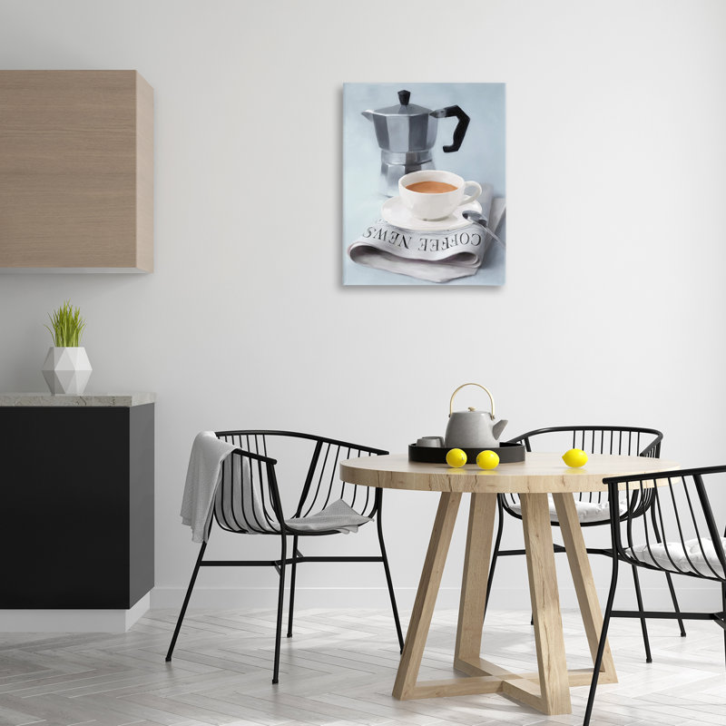 Espresso café et journal, art mural par Carol Robinson, H 30 po x l 24 po