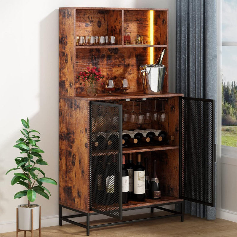 Bar à vin Helyne avec lumières DEL, armoires de bar à café à 4 niveaux avec tablettes de rangement
