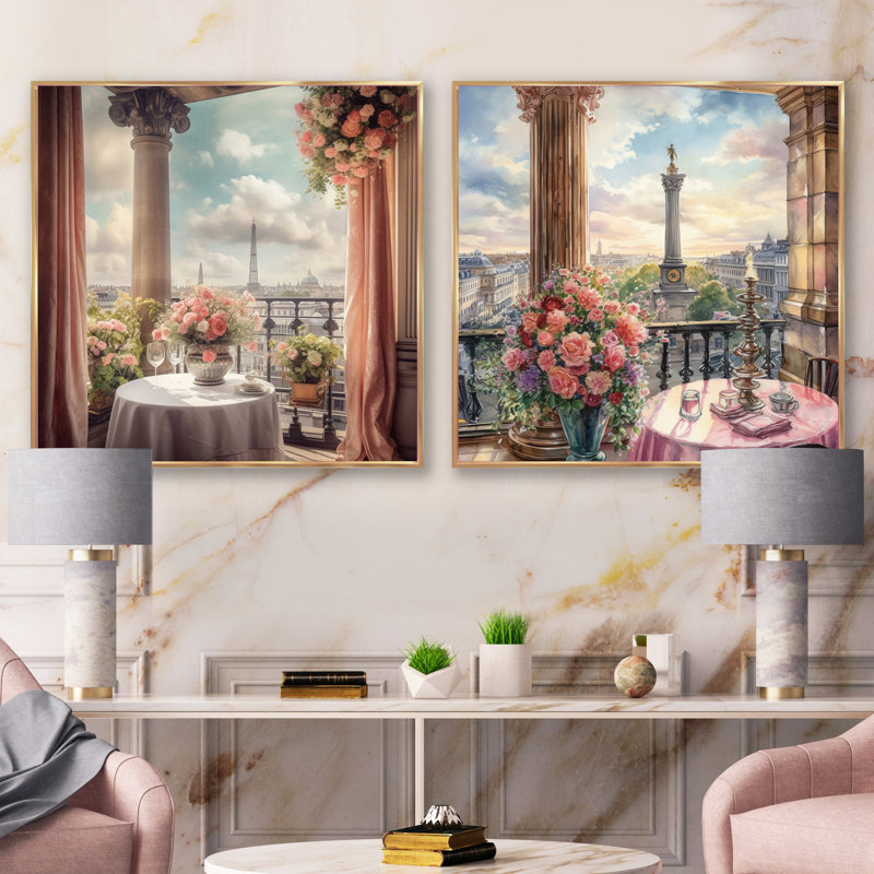 Vue magnifique sur le balcon de Londres - ensemble de 2 collages carrés assortis, Cadre flottant doré, H 30 po x l 61 po