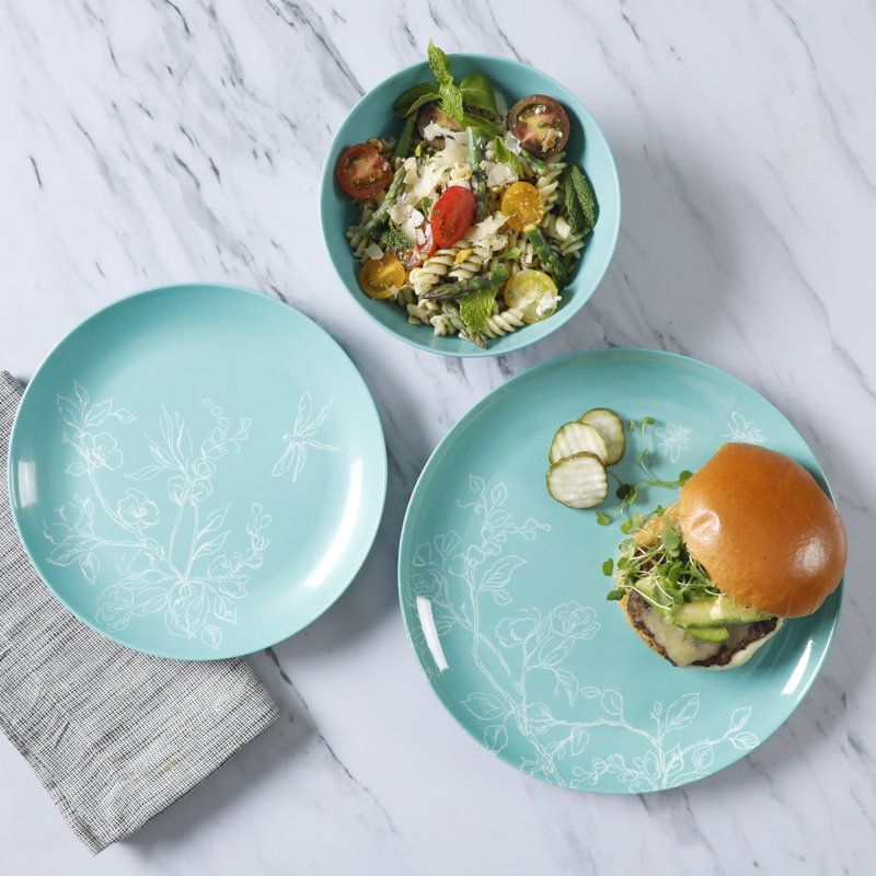 Teal Floral Melamine Round Dinnerware Set, Service for 4