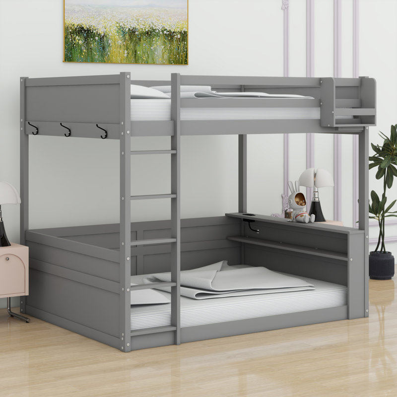 Wooden Bunk Bed With Built-In Shelves,Storage Box,LED Light And USB Charging Station, Gray