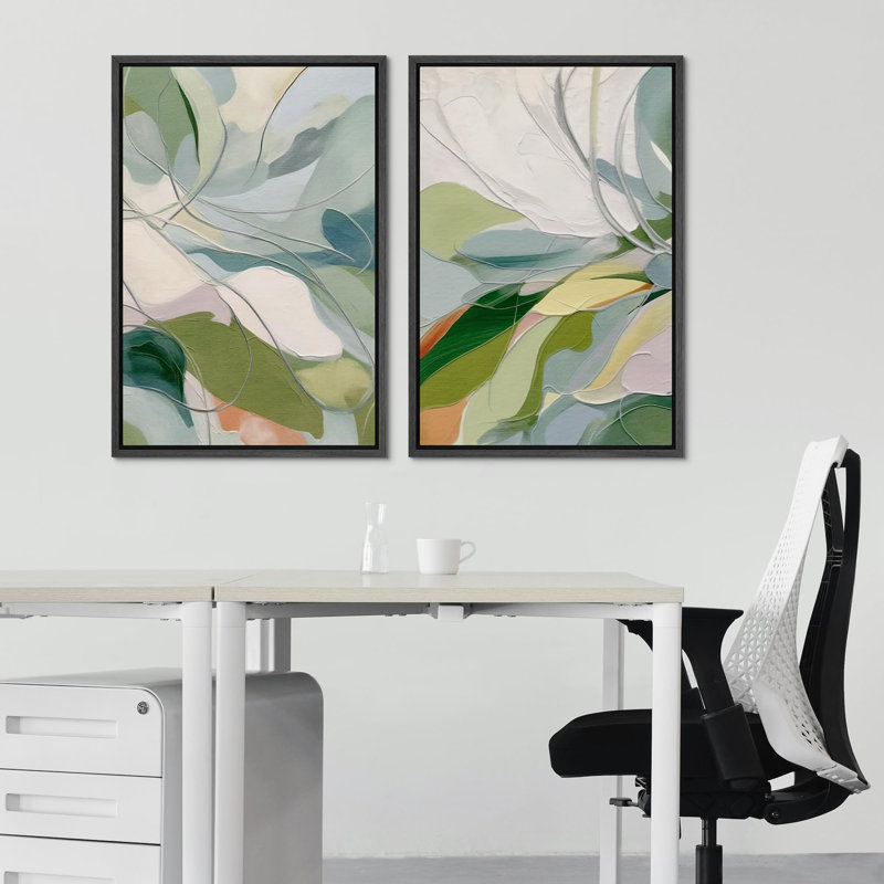 Green Calm Relax Abstract Floral Botanical - Framed Canvas Master Bedroom Wall Art 2 Pieces Print, Black, 36" H x 24" W