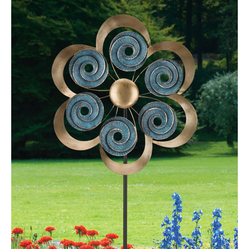 Antique Gold and Blue Double Spinner Wind Sculpture, 19"