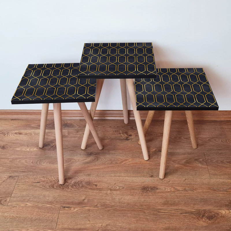 Modern Nesting Table Set (3 Pieces), Black & Gold, 13.8 x 20.5 x 13.8 inches | Sturdy 100% MDF with Beech Wood Legs, Elegant Geometric Design | Perfect for Living Room, Office, & Stylish Home Décor
