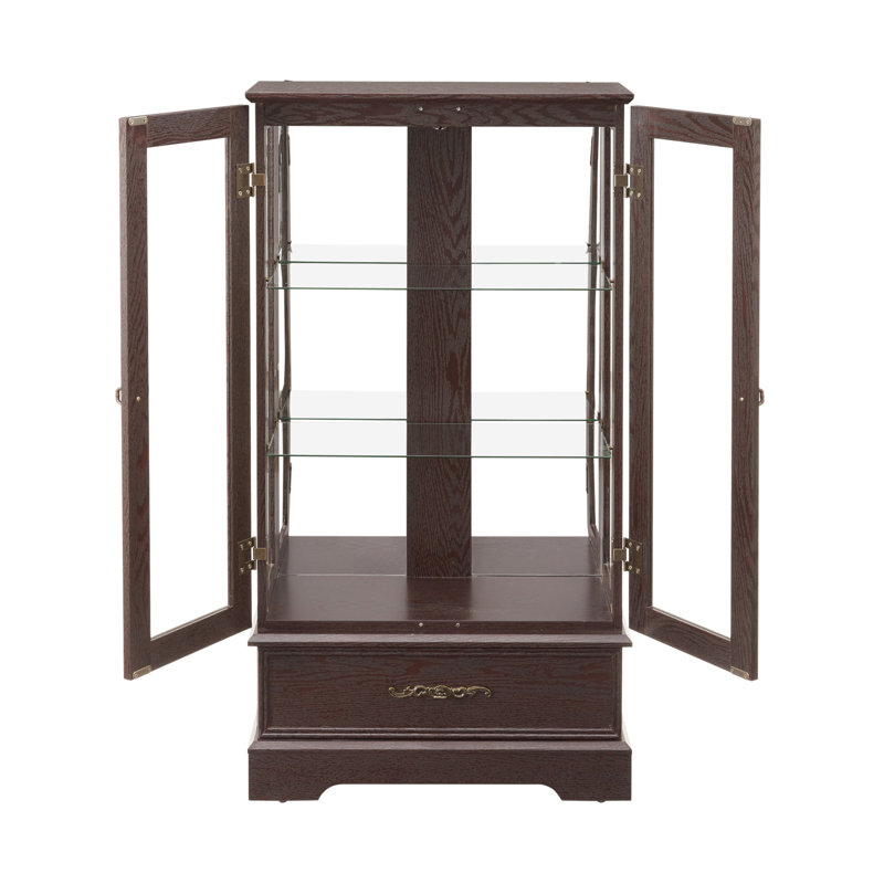Vitrine lumineuse vitrée avec tablettes réglables, 2 portes et 1 tiroir pour une décoration intérieure élégante, Cerisier