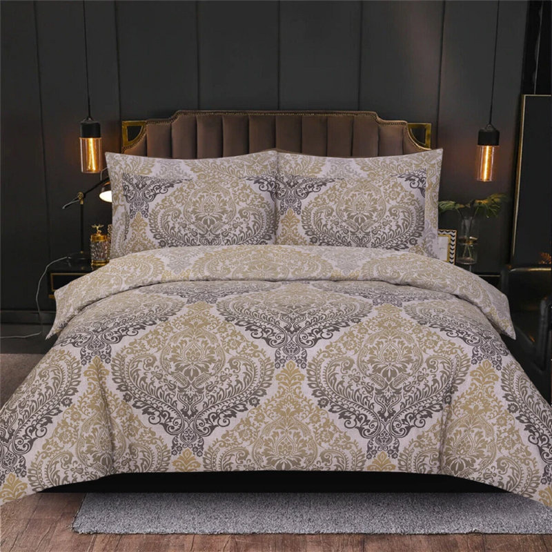Cotton No Pattern Duvet Cover with Pillowcases Included, Ochre Damask, Single Duvet Cover + 1 Standard Pillowcase
