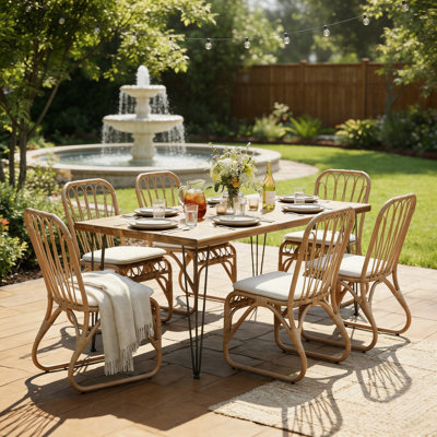 7 Piece Outdoor Dining Set For 6, 72 Inch Rectangular Acacia Wood Table With Rattan Chairs And Cushions