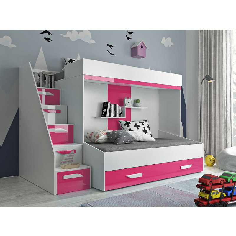 European Single (90 X 200 Cm) Loft Bed Panel with Storage Included, White/Pink