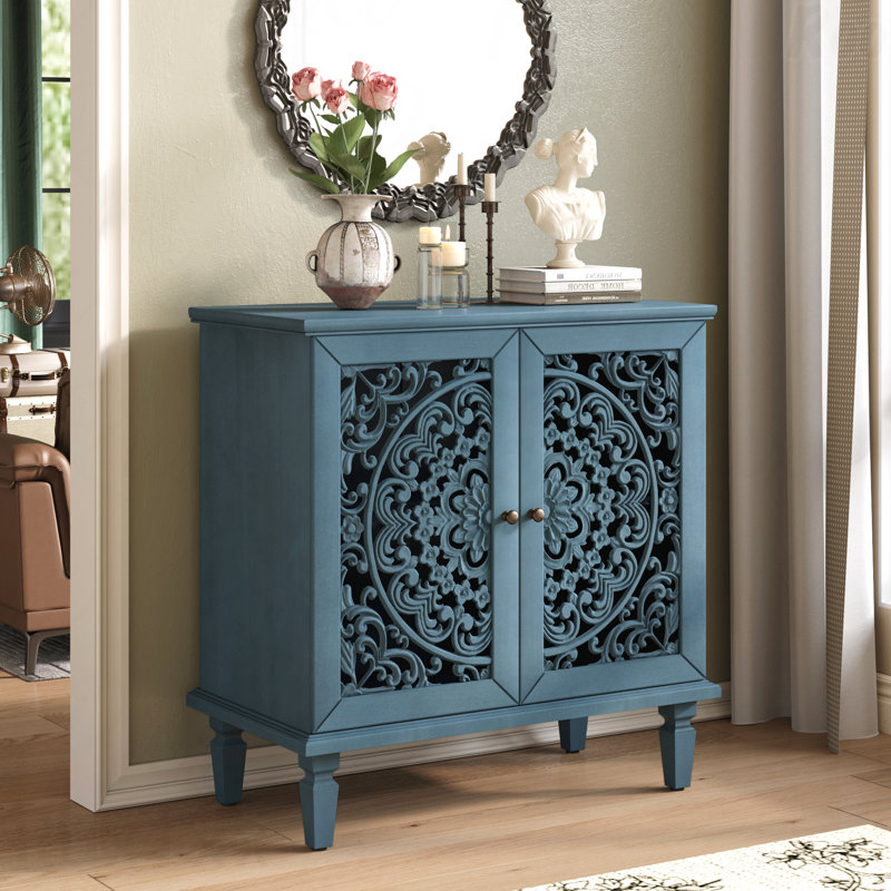 Vintage Hollow-Carved Accent Storage Organizer Cabinet 2-Door Display Storage Sideboard With Symmetrical Floral Design Adjustable Shelf And Solid Wood Legs For Living Room Entryway