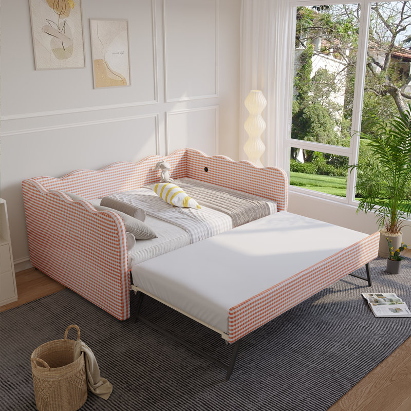 Linen Upholstered Gingham Daybed With Trundle, Usb Charging Port & Wave-shaped Design, No Box Spring Needed, Pink
