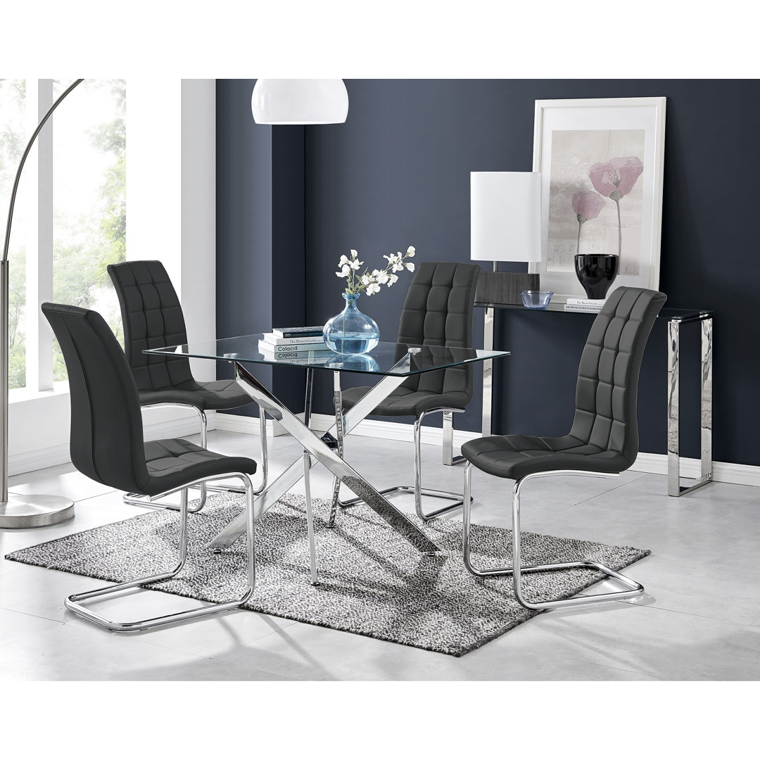 Lenworth Modern Chrome Metal and Glass Dining Table Set with 4 Luxury Faux Leather Dining Chairs East Urban Home Chair 