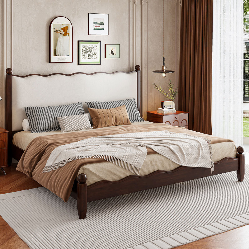 King Size Wood Platform Bed with Upholstered Headboard, Espresso Frame+Beige Fabric, Espresso, King