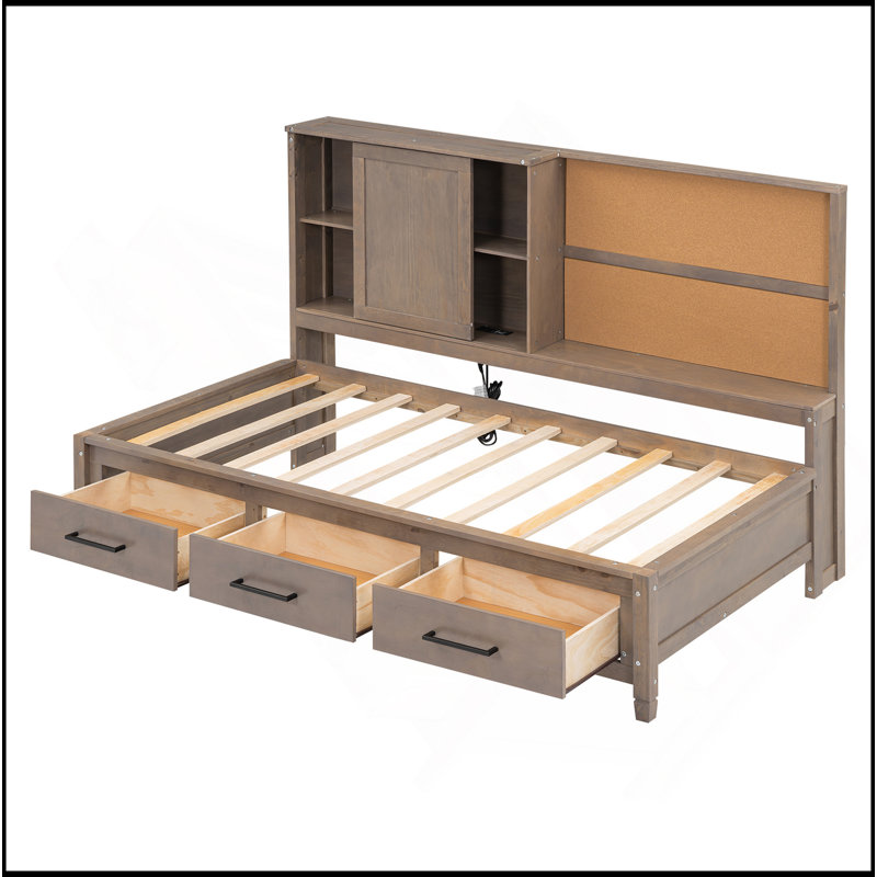Lit de jour simple avec tablettes de rangement, planche de liège, ports USB et 3 tiroirs, Brun