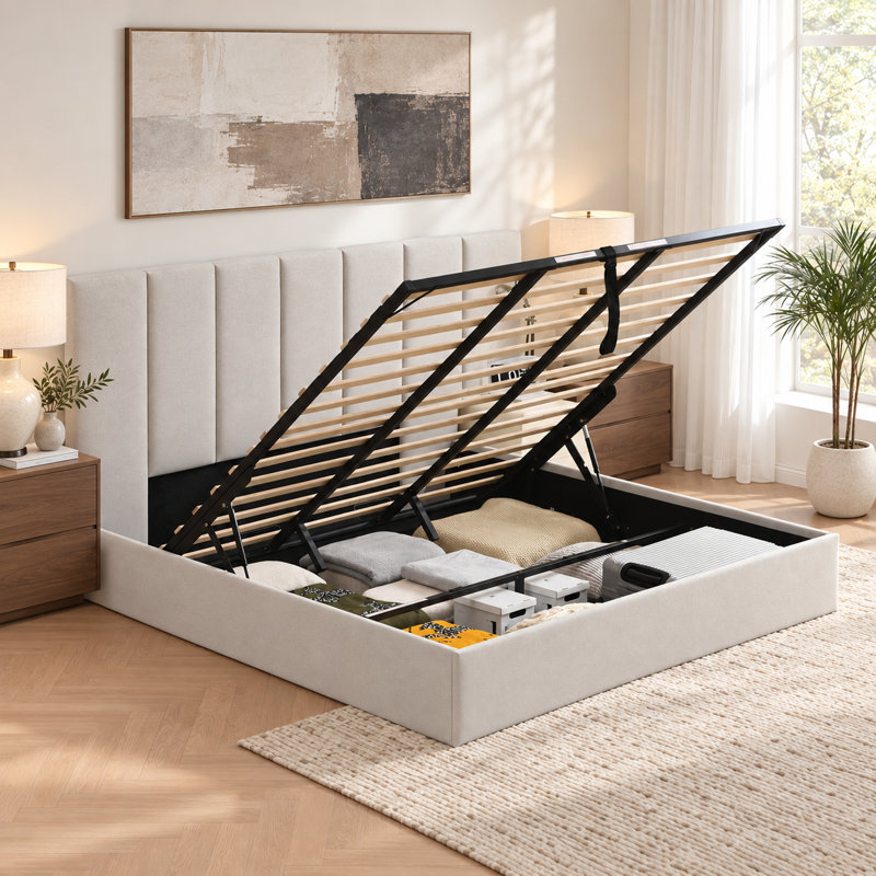 Lit plateforme tapissier hydraulique avec rangement Coletti, Très grand, Lin gris pâle