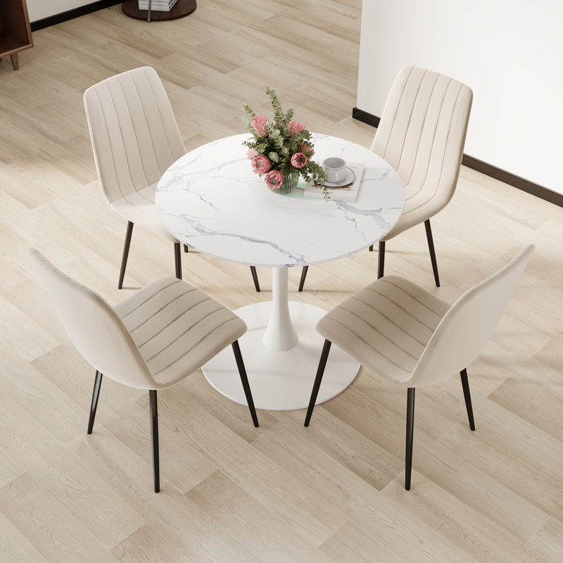 Ensemble de salle à manger à piédestal 5 pièces, Beige, Blanc