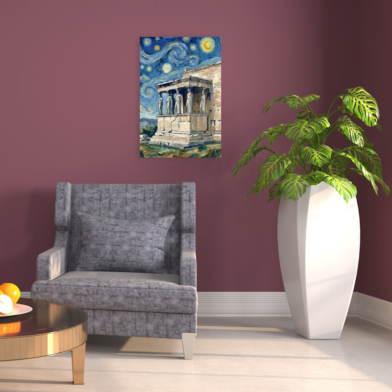 Caryatids Under Starry Sky Classic Colorful Dramatic Architecture Landscape Wall Art Print by HUGO - Wrapped Canvas Print