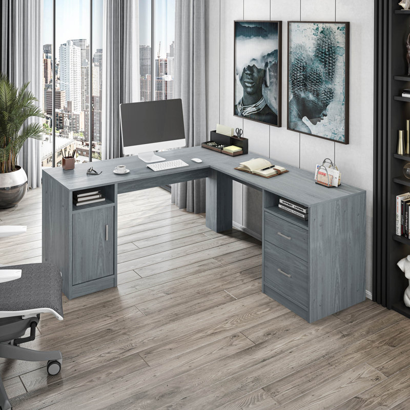 Bureau fonctionnel en L avec rangement, gris