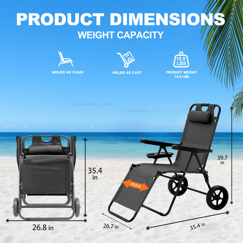 Chaises de plage pliantes Souriya avec roues de 10 po, chaise de plage 2 en 1 robuste avec abat-jour, Noir