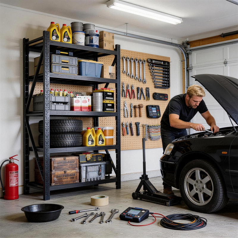 Étagère de garage robuste à 5 niveaux, support de rangement industriel réglable en hauteur 46,5 x 19,6 x 76,8 pouces, pièce unique, noir avec capacité de charge totale de 1800 lb