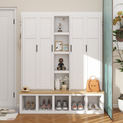 Arbre d'entrée 4 en 1 de 62,9 po de style campagnard avec 6 crochets de suspension, banc à grain de bois pour vestibule avec compartiments ouverts, meuble à chaussures d'entrée avec banc de sièges pour le salon, couloir, blanc