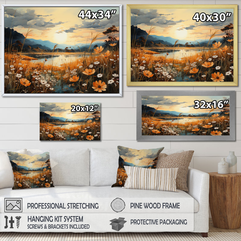 «Meadow Stream At Sunset I», reproduction sur toile, Cadre simple noir, H 12 po x l 20 po x P 1 po