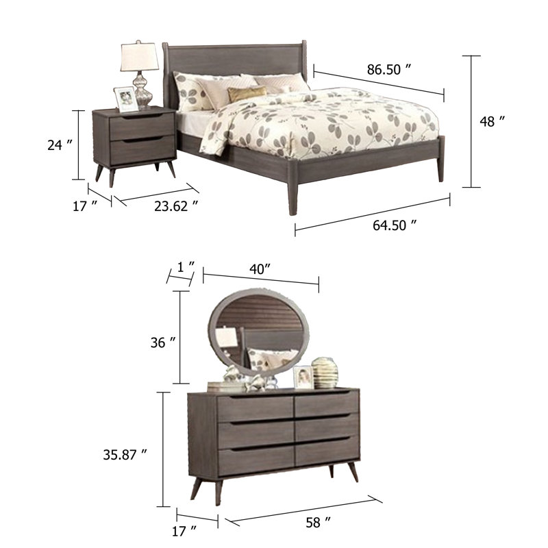Ensemble de chambre avec grand lit 4 pièces Leyla, commode avec miroir ovale, bois gris, Gris, Grand