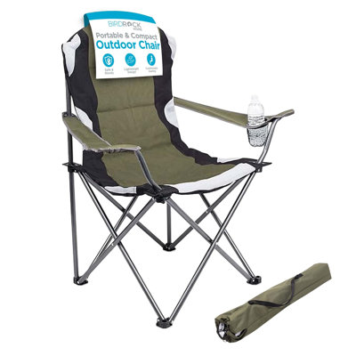 Padded Folding Camping Chair - Heavy Duty Portable Folding Chair for Outside Sports Quad, Beach, Camp, Lawn, or Tailgating with Cup Holder and Carrying Bag (Green)
