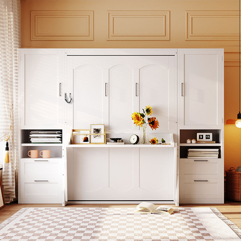 Lit escamotable Murphy avec placard, tiroirs et tablettes, Double, Blanc