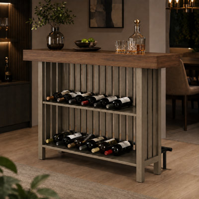 3-in-1 Counter Height Bar Table with 2-Tier Wine Storage, Modern Sideboard Table with Open Legroom, Metal Footrest and Slatted Panel, Black