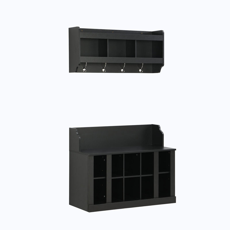 Shoe Storage Bench with Shelves and 4 Hooks, Black