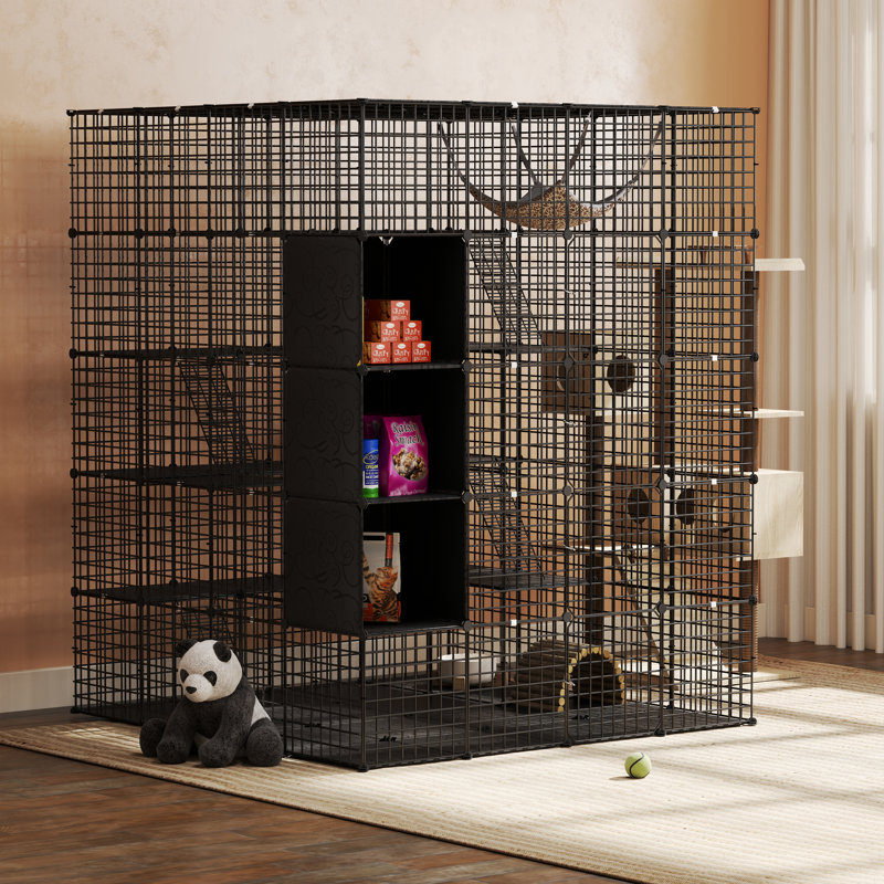 Cage à chat Balconera pour l'intérieur avec grand cube de rangement pour l'extérieur, Grand H 69 po x l 55 po x P 55 po