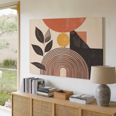 «Terracotta Sun Eclipse», art mural botanique et géométrique sur toile prêt à accrocher