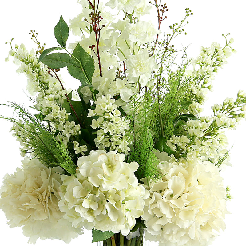 Tall Glass Vase with White Hydrangea and Fern Artificial Floral Arrangement