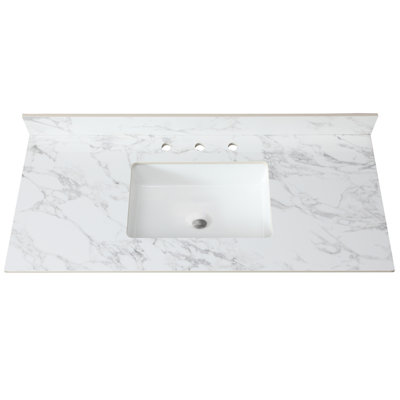 Comptoir de meuble-lavabo en pierre frittée de 49 po x 22 po avec lavabo - Finition blanche pour le projet de rénovation de salle de bain Blanc, lavabo rectangulaire en céramique, 3 trous de robinetterie, et encastré, convient à une largeur de 48 po
