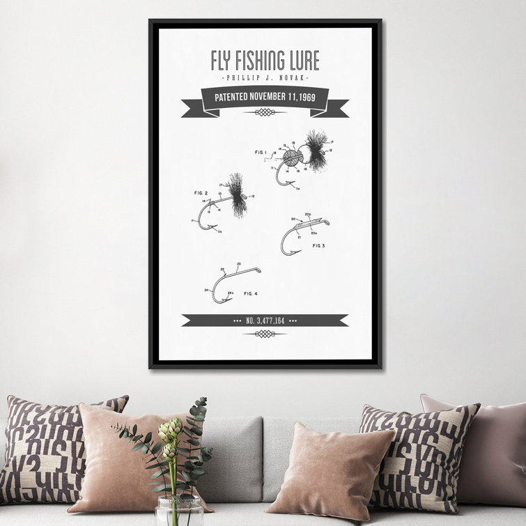 P.J. Novak Fly Fishing Lure Patent Sketch Retro' Graphic Art Print On Canvas in Gray East Urban Home Size: 60 H x 40 W x 1.5 D, Format: Black Fram