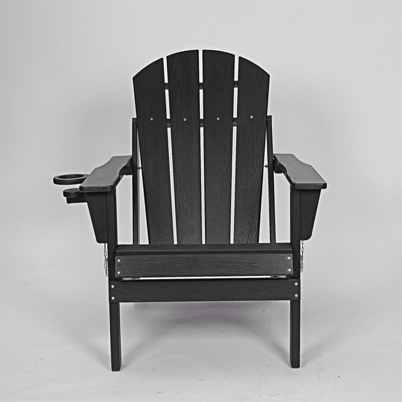 HDPE Folding Adirondack Chair With Dual Cup Holder, Black