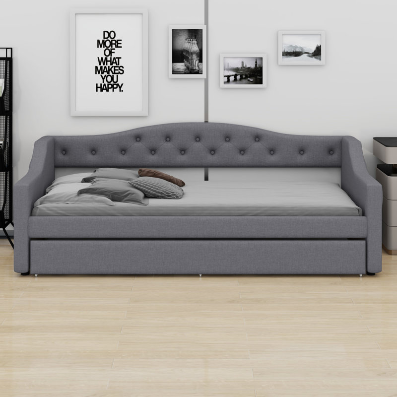 Upholstered Daybed With LED Belt And Trundle, Gray