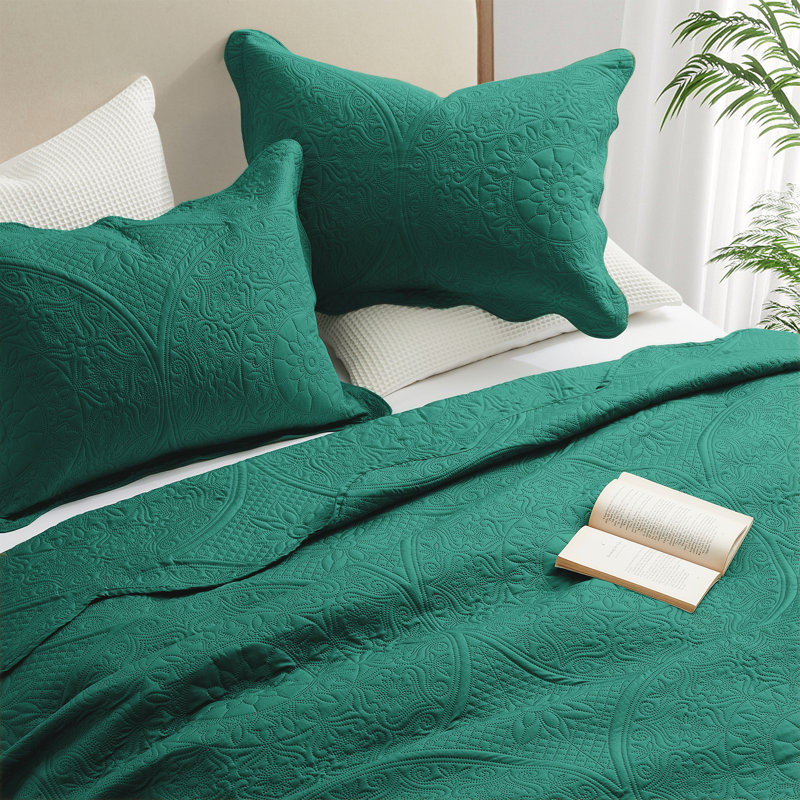 Ensemble de couvre-lit matelassé en microfibre à motif floral, Couvre-lit simple + 1 taie d'oreiller standard, Émeraude