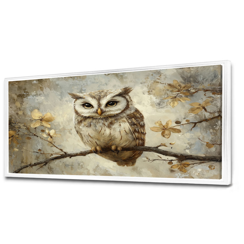 Décoration murale chouette douce en hiver - hibou, H 28 po x l 60 po, Cadre flottant, Blanc