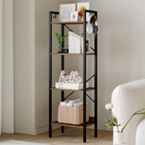4 Shelf Rustic Style Industrial Bookcase With 2 Hooks