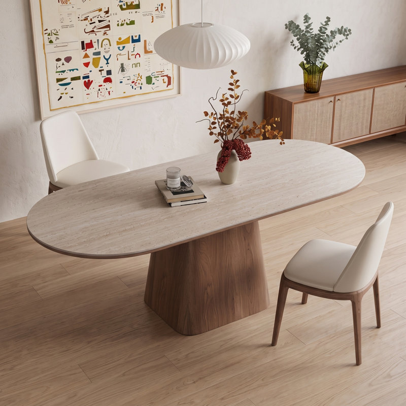 Table de salle à manger ovale moderne de 160 cm (62,99 po) en pierre frittée avec pied central massif, plateau double couche pour 6 à 10 personnes, plateau en pierre crème et piètement en placage noyer