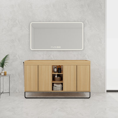 60" Oak Freestanding Bathroom Vanity Cabinet Only With Double Soft-Close Doors & Open Centre Shelves