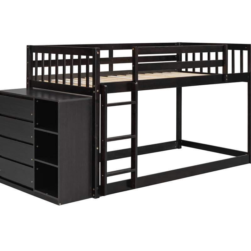 Lit simple superposé au-dessus avec compartiments de rangement supplémentaires - 4 tiroirs et 3 tablettes et look pour chambre à coucher