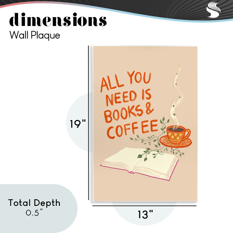 Plaque murale besoin de livres et de café, design par Florentina Dolci, H 19 po x l 13 po